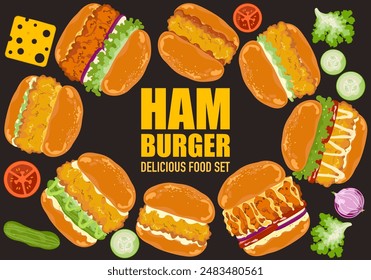 Set of delicious fast food illustrations Hamburger with fried chicken, pickles, lettuce, tomato, bacon, bread. They are isolated on a white background for poster design, food menu, and advertising.
