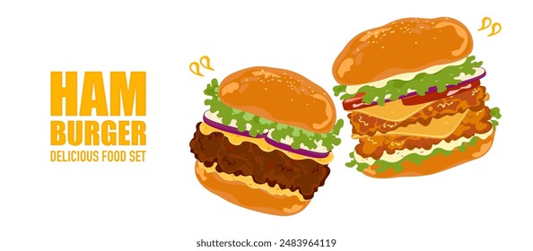 Set of delicious fast food illustrations Hamburger with fried chicken, pickles, lettuce, tomato, bacon, bread. They are isolated on a white background for poster design, food menu, and advertising.