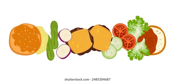 Set of delicious fast food illustrations: beef hamburger, fried, grilled, pickles, lettuce, tomato, bacon, cheese, bread with sauce, top view. Isolated on a white background for poster and menu design