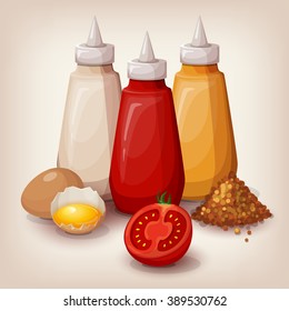 Set of delicious fast food sauces. Bottles collection of tomato ketchup, yellow mustard and mayonnaise. Cartoon style icon. Restaurant menu illustration. 