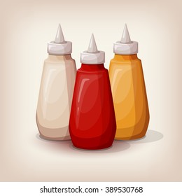 Set of delicious fast food sauces. Bottles collection of tomato ketchup, yellow mustard and mayonnaise. Cartoon style icon. Restaurant menu illustration. 