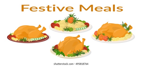 Set of Delicious Festive Food on Plates, Holiday Christmas Roasted Turkeys and Fried Potatoes, Isolated on White Background. Vector