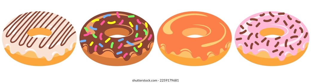 Set of delicious fluffy donuts with vanilla glaze, milk chocolate, caramel and strawberry icing. Food vector illustration. Copy paste.