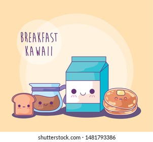 set of delicious food for breakfast kawaii style
