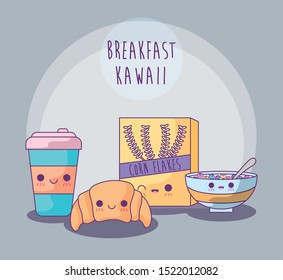 set of delicious food for breakfast kawaii style vector illustration design