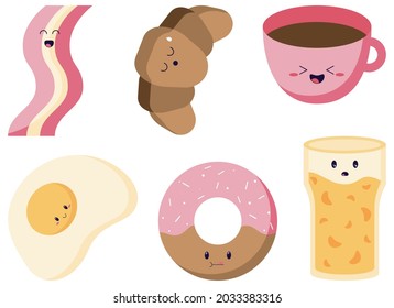 set of delicious food for breakfast in kawaii and hand drawn style. Eggs, coffee, juice, donut, croissant and bacon cartoon characters. Vector illustration