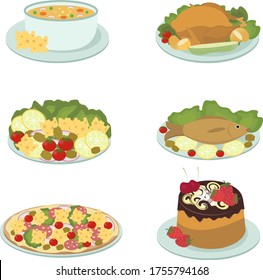 Set of delicious food dishes for the menu. Vector illustration for design.