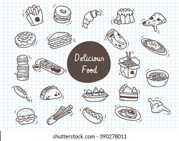 Set of delicious food doodle on paper background