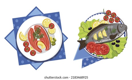 Set of delicious food from fish in cartoon style. Vector illustration of salmon with lemon, tomatoes, olives and grilled trout with lemon, tomatoes, olives, lettuce on white background.