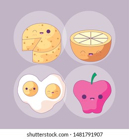 set of delicious food and fruits style kawaii