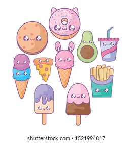 set of delicious food and ice creams kawaii style vector illustration design