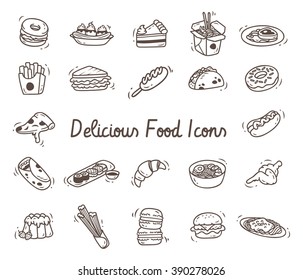 Set of delicious food icon in doodle style