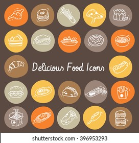Set of delicious food icon in doodle style