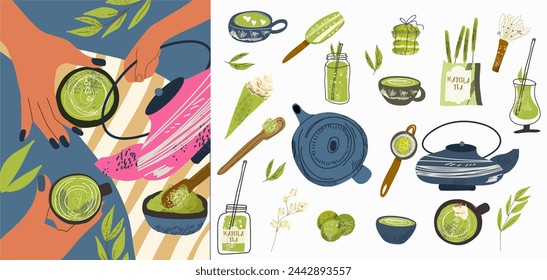 Set of delicious food match vector flat illustration. Collection of cartoon healthy delicious and drink isolated on white. hands of people enjoying latte drink and dessert, tea ceremony.