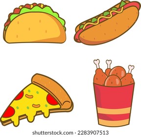 A set of delicious food, Pizza, burgers, tacos, and Hotdog from fast food. Cooking collection background fast food. Modern vector illustration isolated on white background.