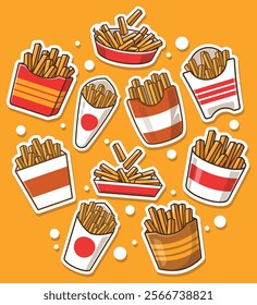 Set of Delicious French Fries Fastfood Stickers. Food and Drink Illustration Theme.