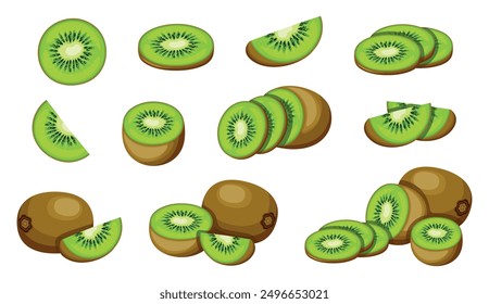 Set of delicious, fresh kiwi fruits in cartoon style. Vector illustration of healthy and nutritious kiwi fruits of different sizes: whole, half, circle, slices isolated on white background.