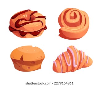 Set of Delicious Fresh Pastries. Bakery Products - Donut, French Vanilla Bun, Croissant, Muffin. Sweet Food Icon. Vector Illustration in Cartoon Style.