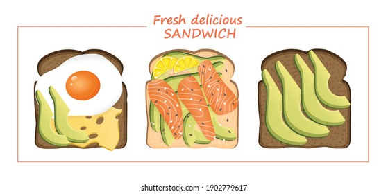 Set of delicious fresh sandwiches with toast bread consisting of a fried egg, salmon, avocado, lemon, cheese and sesame seeds. Vector illustration of a healthy breakfast. Healthy lifestyle.