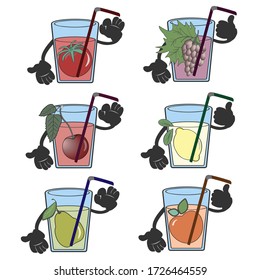 Set of delicious freshly squeezed fruit and berry juices. Summer cool drinks in glasses with a straw. Lemon, apple, grape, pear, tomato, cherry. Vector illustration.
