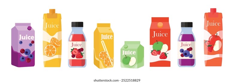 Conjunto de delicioso suco de frutas e frutas em estilo cartoon. Ilustração vetorial dos sumos embalados e engarrafados. Sucos com frutas e bagas:mirtilo, oxicoco, laranja, morango, maçã verde e vermelha.