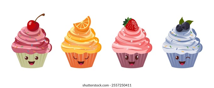 Set of delicious fruit cupcakes with emotions Strawberry, orange, cherry and blueberry. Vector illustration of dessert. Icons, stickers Isolated on white background.