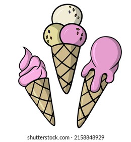 Un conjunto de deliciosos helados de fruta al estilo de las caricaturas, ilustración vectorial aislada en un fondo blanco