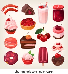 Set of delicious fruit sweets and desserts. Cherry flavored pie and cake with fruit on top. Bright red and white sweet cherry pie and fruit ice cream. Isolated vector dessert icons