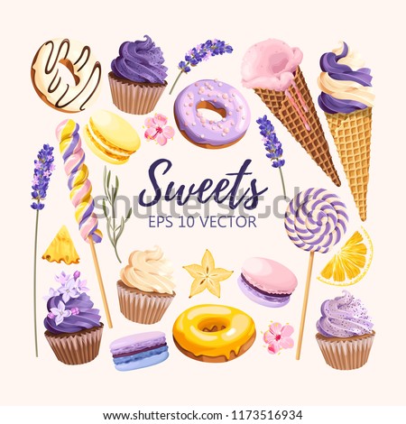 Set of delicious fruit sweets and desserts