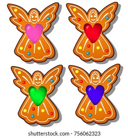 Set of delicious gingerbread in the shape of an angels isolated on white background. Traditional Christmas festive cakes. Vector cartoon close-up illustration.