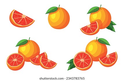Set of delicious grapefruit in cartoon style. Vector illustration of a fresh and juicy whole grapefruit and a half, a piece with a green leaf isolated on a white background. Citrus. Healthy food.
