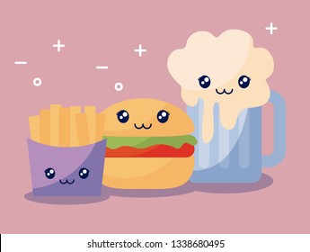 set of delicious hamburger and fast food kawaii character