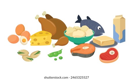 Set von leckeren und gesunden Produkten in einem Cartoon-Stil.Vektorillustration von nahrhaften Lebensmitteln: Fisch, Fleisch, Steaks, Huhn, Eier, Milch, Käse, Butter, Pistazien, Erbsen isoliert auf einem weißen Hintergrund.