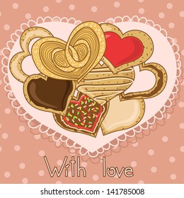 Set of delicious heart shape cookies on an openwork napkin
