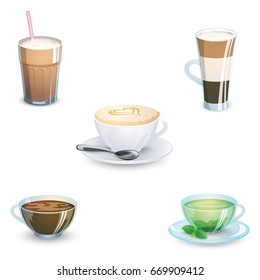 Set of delicious hot drinks coffee, tea and supplies isolated on white background. Vector