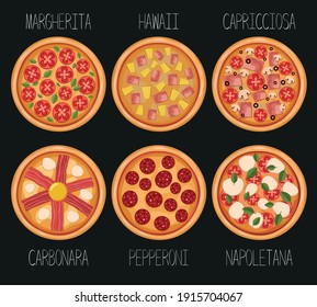 A set of delicious hot pizzas with different ingredients. Italian food illustration
