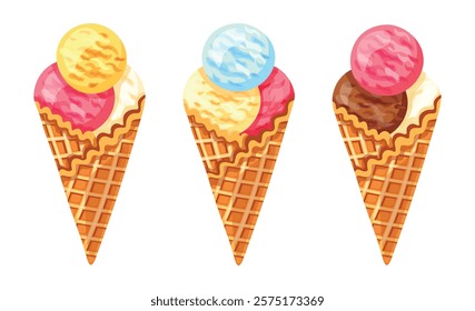 Set of delicious ice cream in cartoon style. Vector illustration of ice cream in waffle cones, colored balls isolated on white background. Ice cream with different flavors. Refreshing dessert.