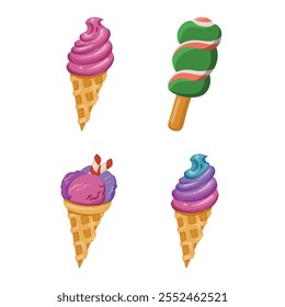 set of delicious ice cream dessert twister, cone, popsicle vector illustration