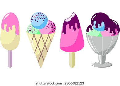 Set of delicious ice cream with different flavors on stick, crispy cone and glass cup. Food vector illustration on white background.