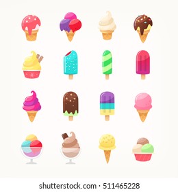 Set Of Delicious Ice Cream Icons. Vector Ice Cones Popsicles And Ice Cream Balls In Cups. Kids Favorite Dairy Desserts With Sundae And Sprinkled Topping. Fruit And Chocolate Flavors