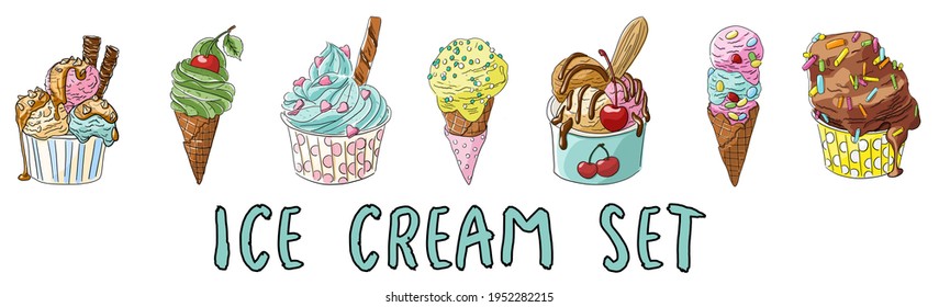 A set of delicious ice cream. Isolated vector illustrations of desserts, National Ice Cream Day, Ice cream cup and waffle cone, banner, dessert poster,cartoon 