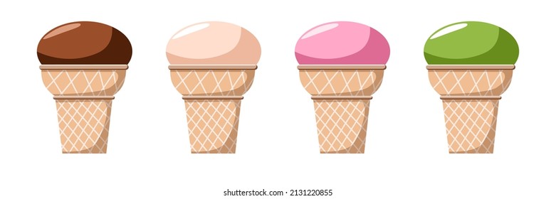 A set of delicious ice cream. Sweet summer treat with different flavors, ready-made ice cream with different fillings in a waffle cup.