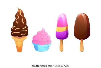 A set of delicious ice cream. Sweet summer treat with different flavors, ice cream with a cone and popsicle on a white background. Vector illustration for web, design, print.
