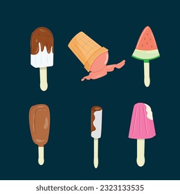 Un juego de helados deliciosos. Dulce manjar de verano "sundae", helado con diferentes sabores, paletas aisladas colectivas con diferentes rellenos. Ilustración del vector