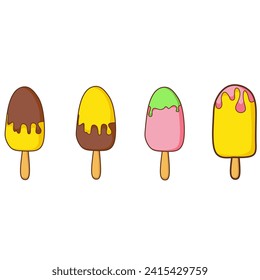 Set of delicious ice cream. Sweet summer delicacy sundae, gelato with different flavors, isolated collection of ice cream popsicles with different toppings. Vector illustration for web, design, print