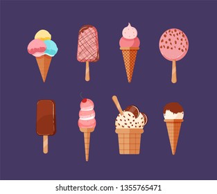 Set of delicious ice cream of various types. Bundle of appetizing frozen creamy desserts decorated with chocolate glaze, sprinkles and berries. Tasty sweet product. Flat cartoon vector illustration.