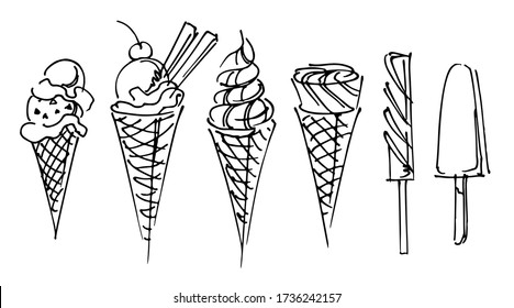 Set of delicious ice cream in waffle cones and Popsicle, freehand drawing black contour on white background