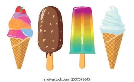 Set of delicious ice creams in cartoon style.Vector illustration of sweet creamy and fruity ice cream in waffle cones, on sticks, with strawberries,chocolate glaze,nuts isolated on a white background.