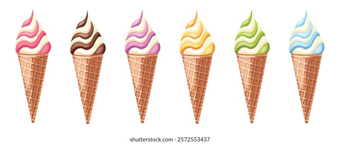 Set of delicious ice creams in cartoon style.Vector illustration of ice creams in waffle cone with different flavors: raspberry,chocolate,blackberry,mango,kiwi,blueberry isolated on white background.