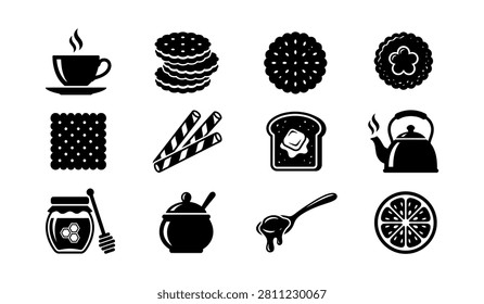 Set of delicious icons representing breakfast and tea time. Features a hot beverage cup, stacked cookies, wafer rolls, square crackers, buttered toast slice, flower shaped biscuit, jar of honey with dipper, sugar pot, spoon with dripping honey, steaming kettle, and a citrus slice.